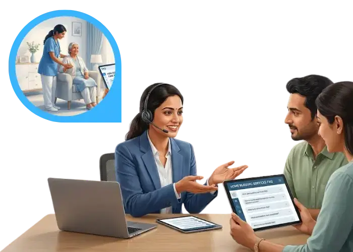 Home nursing FAQ support by Caring Hands Home Care Services with caregiver assisting elderly patient and answering family questions at home